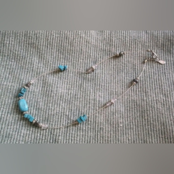 Vintage Express Silvertone Wire Necklace With Clear Glass & Turquoise Beads~ 16" - Picture 2 of 3